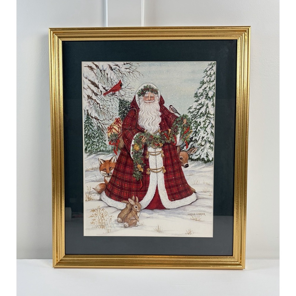 Vintage 1991 Nadine Harper Woodland Santa Claus Framed Art Print Christmas 18x22